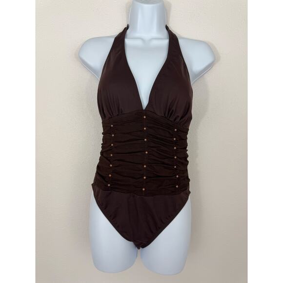 Magicsuit Brown Ruched Halter One Piece Swimsuit | Size 8 | New Without Tags - Picture 1 of 6